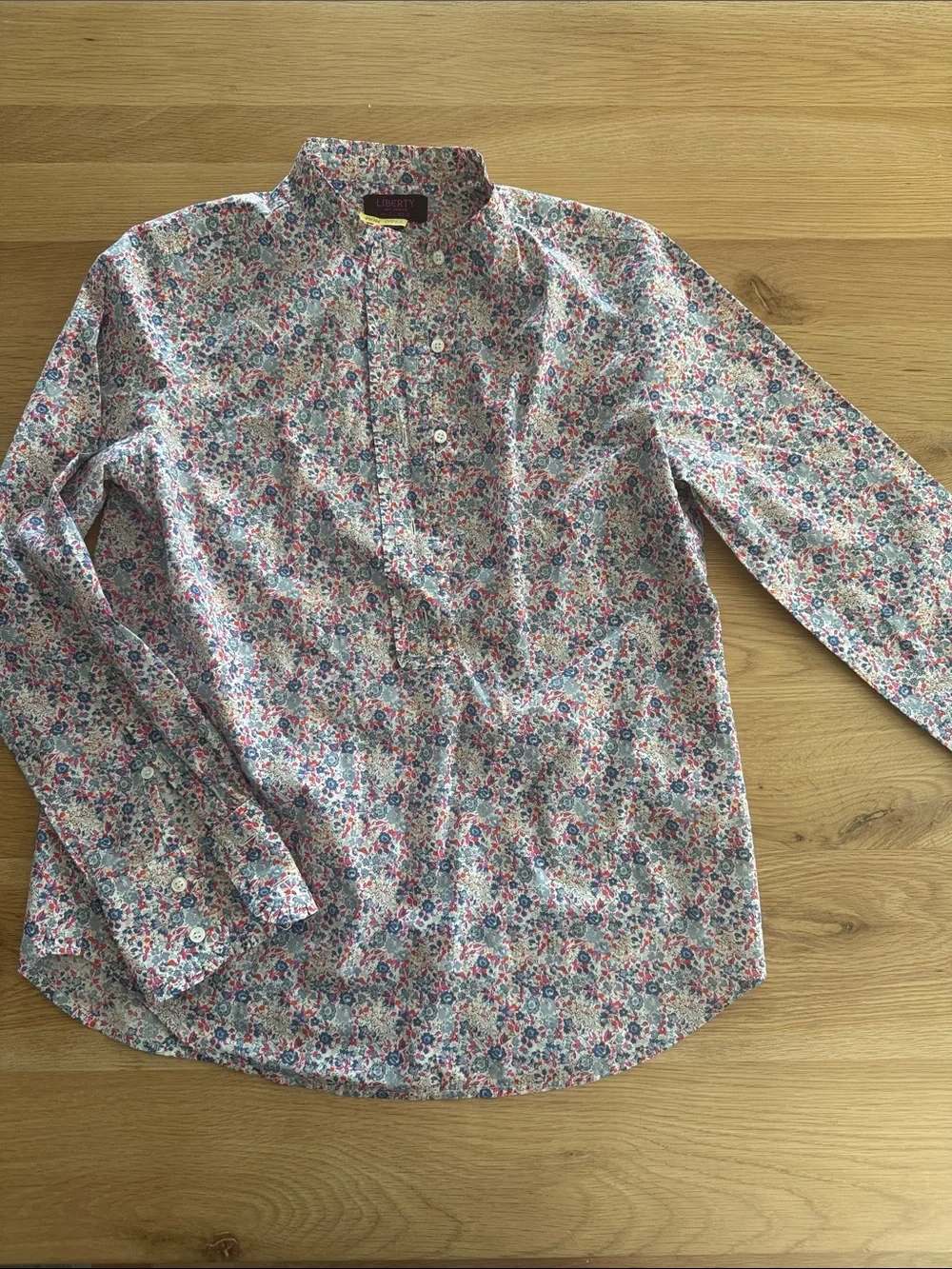 J. Crew Pink and Blue Floral Ruffle Band-Collar Popover Button-Up Blouse